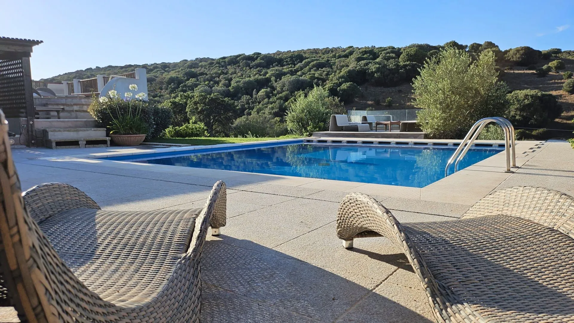 una piscina con vista sul verde della campagna gallurese e alcune sdraio in primo piano